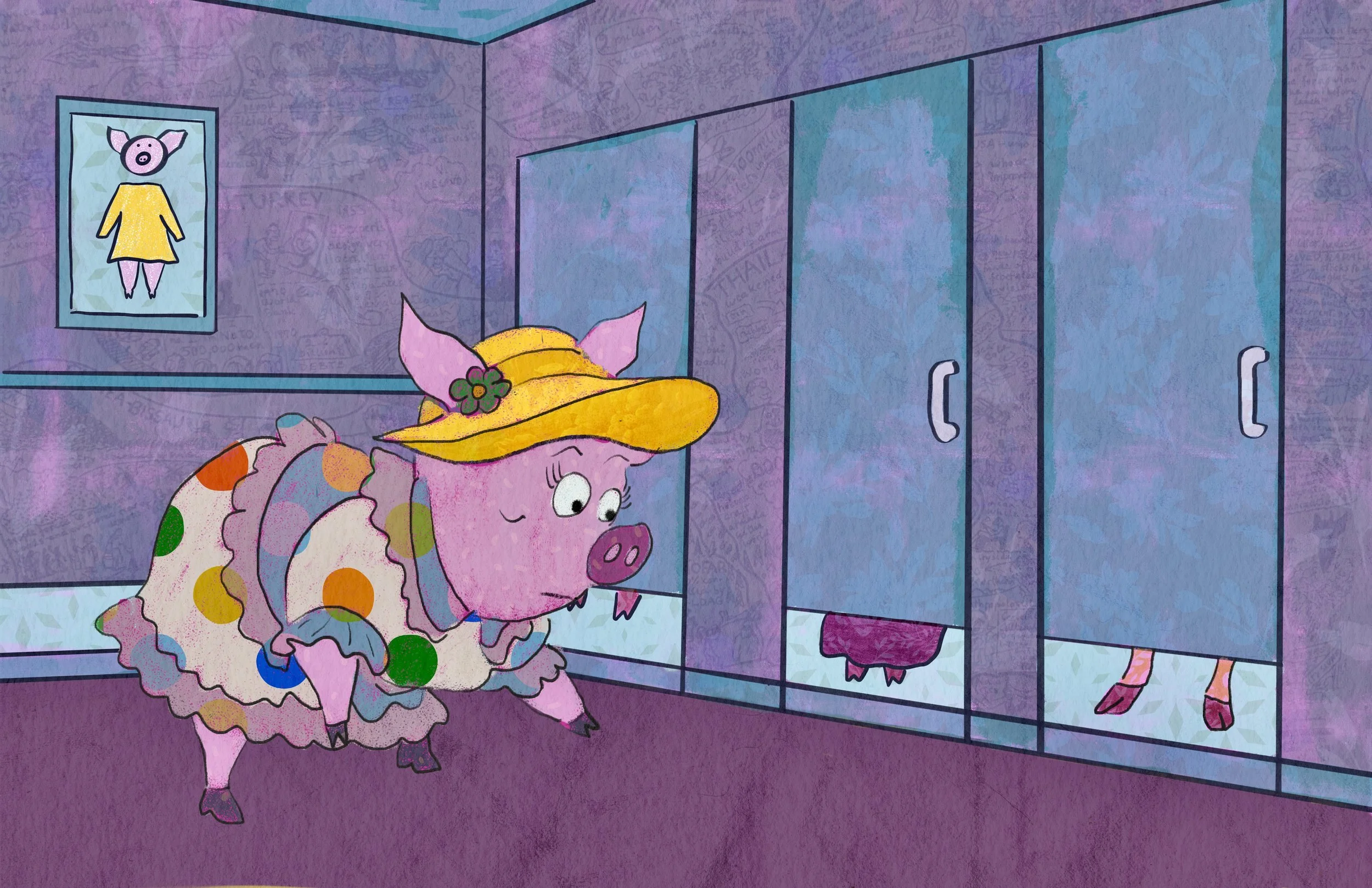 Illustrated pig looks under bathroom stalls