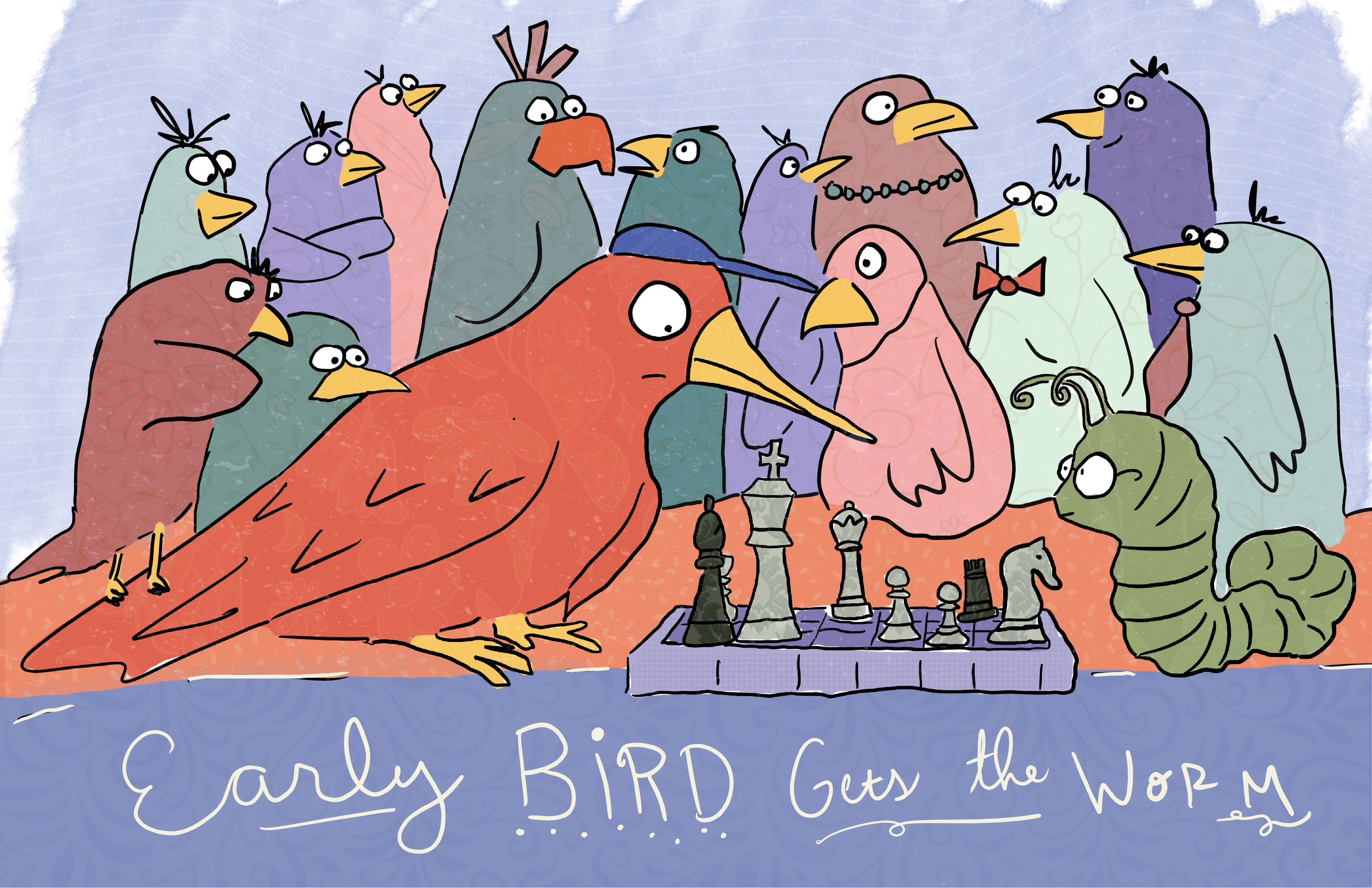 Birds circle a bird and worm playing chess