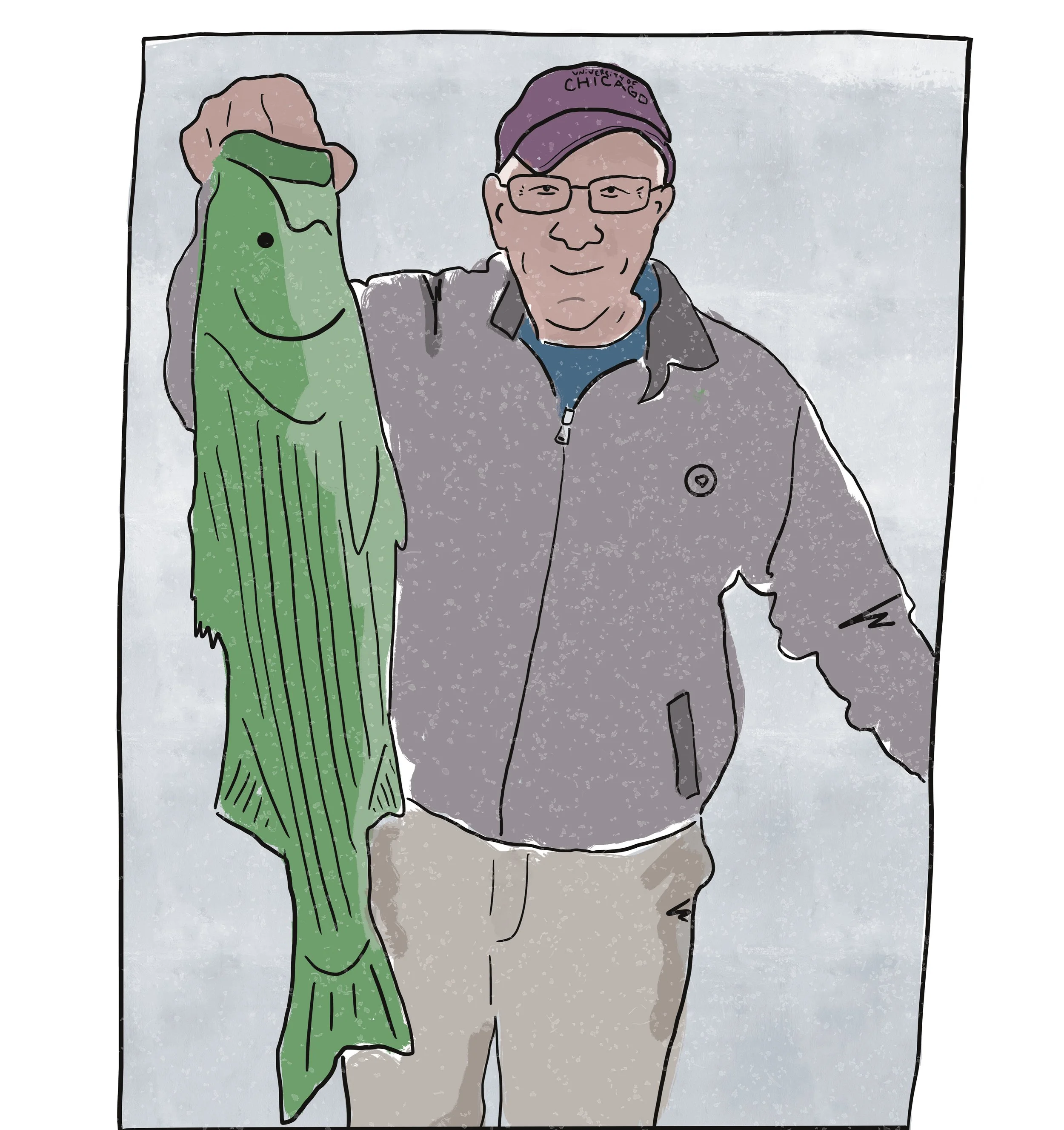 Watercolor of a man holding up a large fish