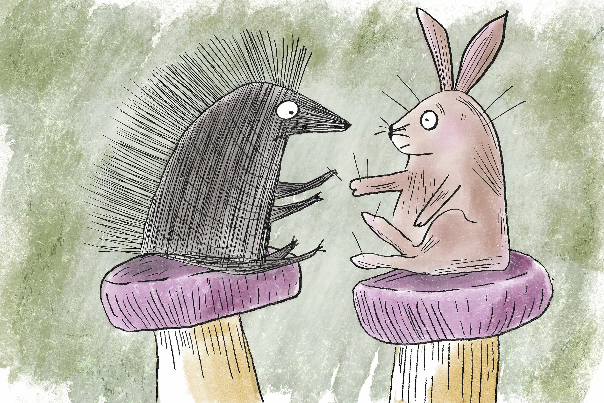 Porcupine giving a rabbit acupuncture 
