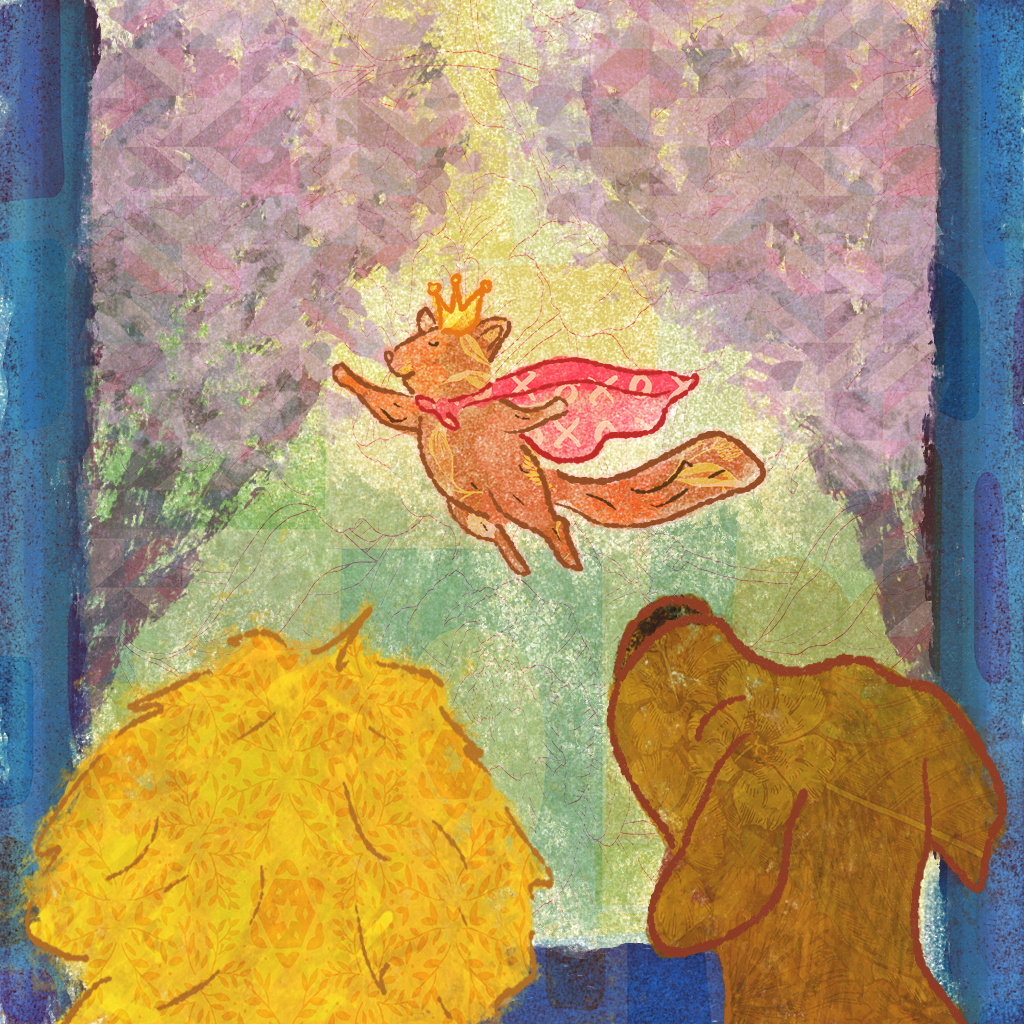 Two dogs stare at a flying squirrel