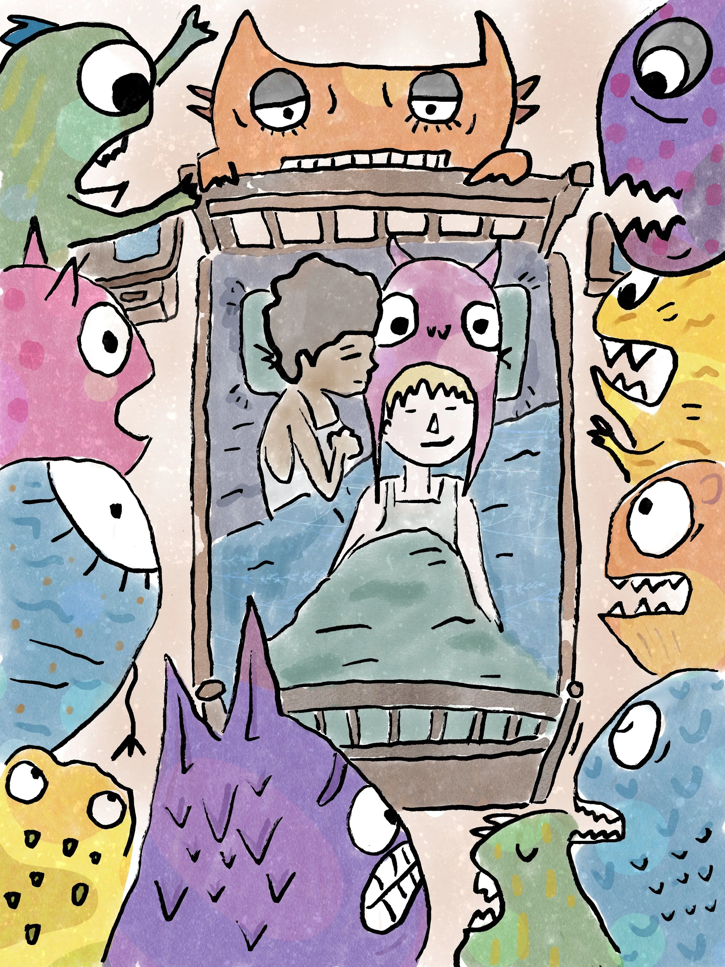 Two boys sleep while surrounded by monsters