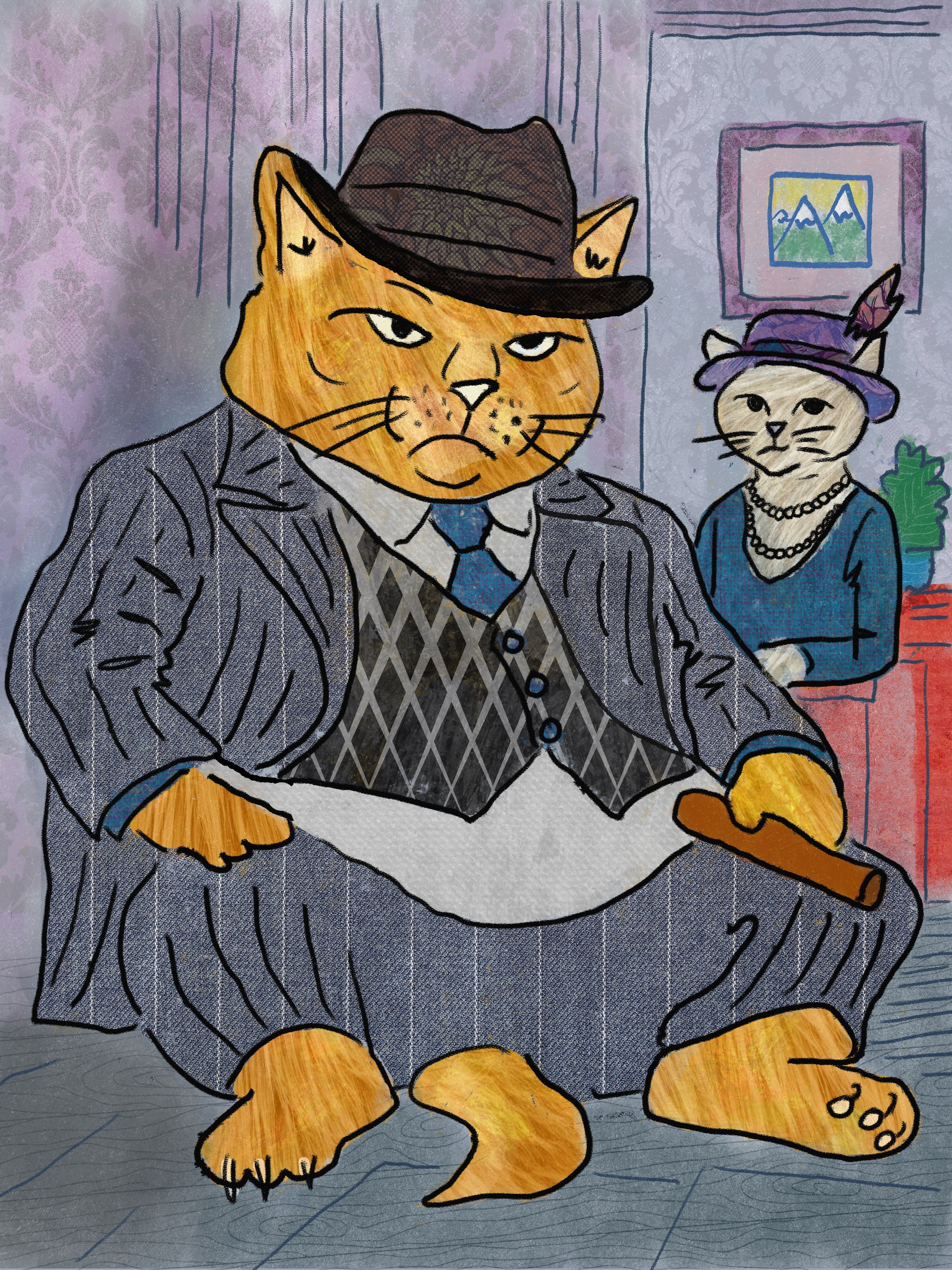 A mobster cat sits with a cigar in his hand, a woman cat behind him