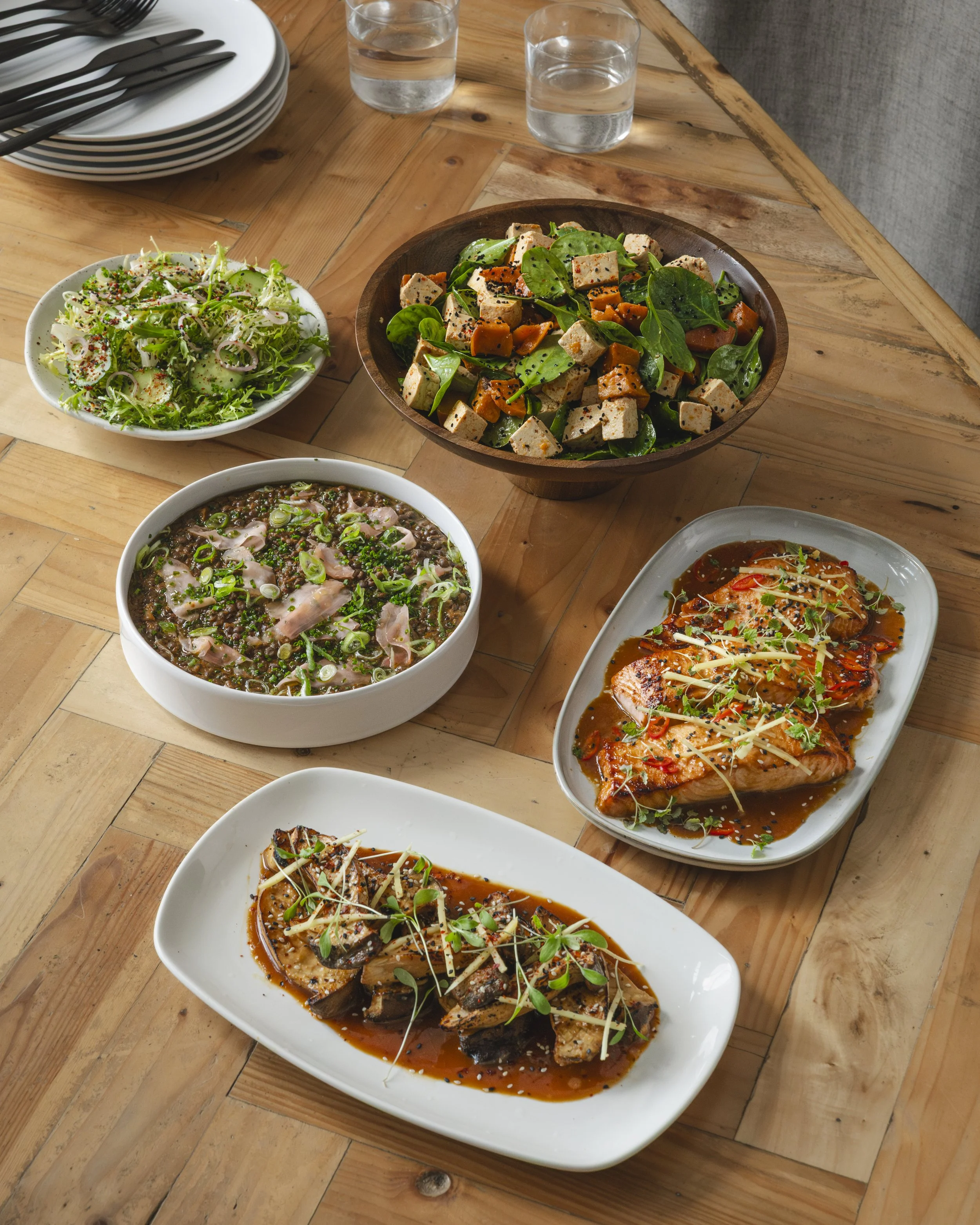 Fresh, colourful lunch spread including salmon, served as part of arch's corporate lunch catering for Veeva