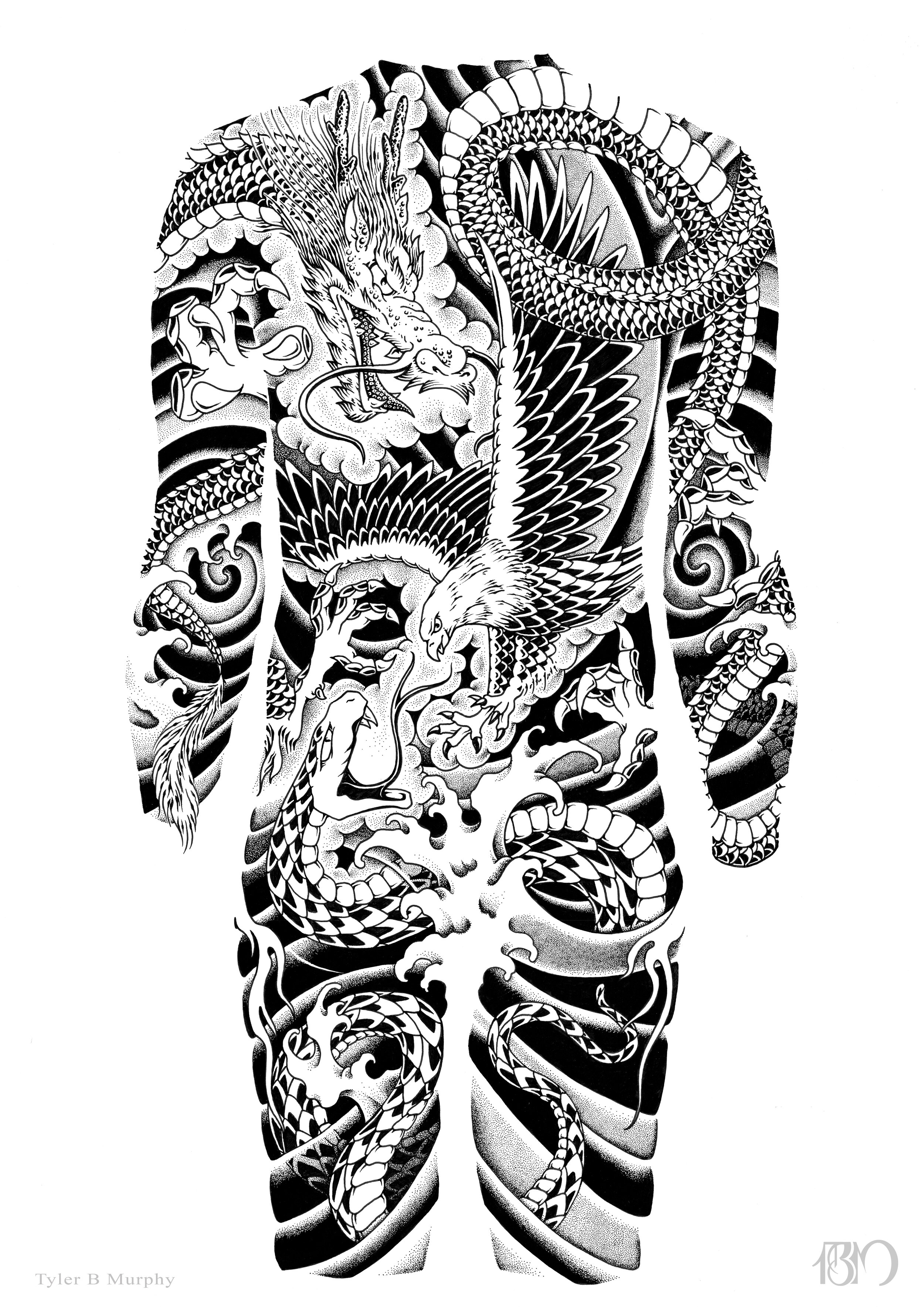 2 -Battle Royale back piece, Eagle vs Snake vs Dragon tattoo illustration Tyler B Murphy copy.jpg