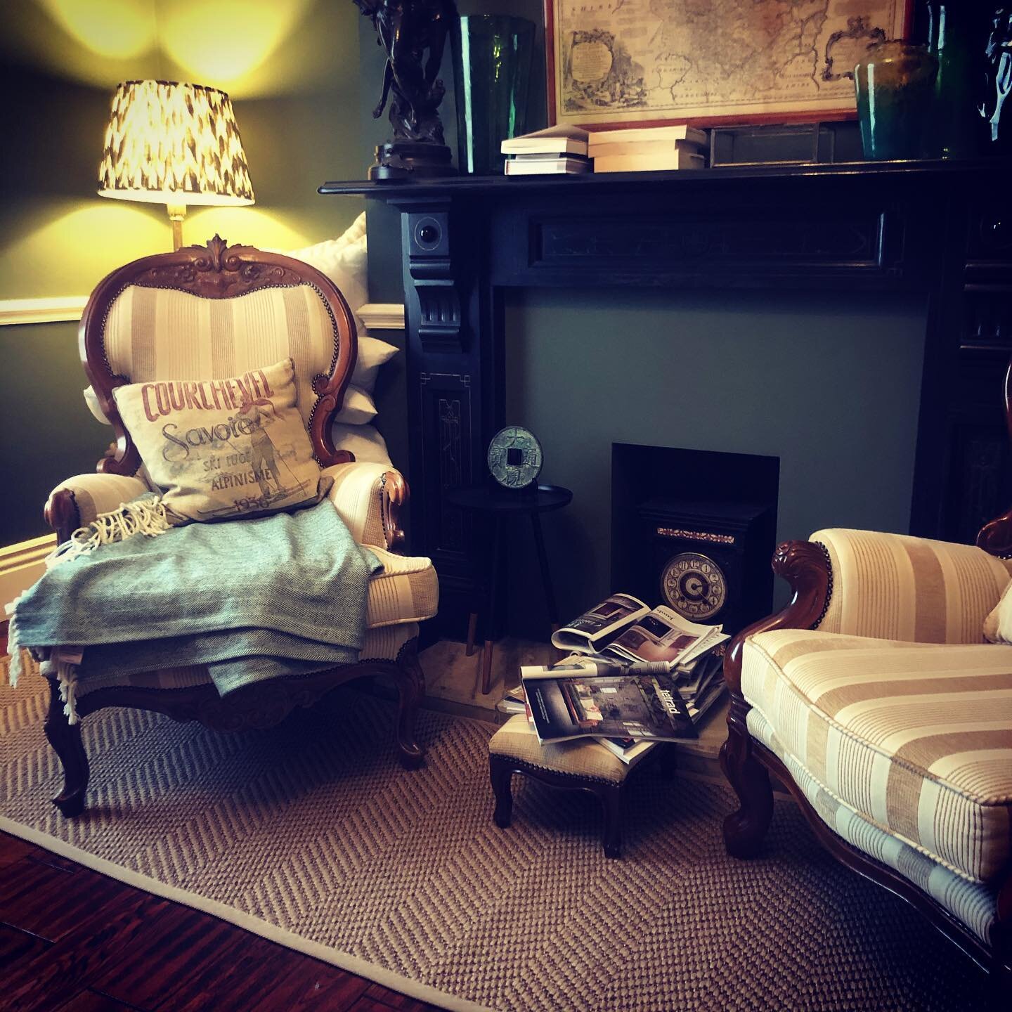 All the rooms are different in my own home. But this little area downstairs also serves as a sofa bed room (which matches appropriately) and one of many areas as a place to read. 
Which I sometimes do from 5am onwards. 
I post this now as my mother b