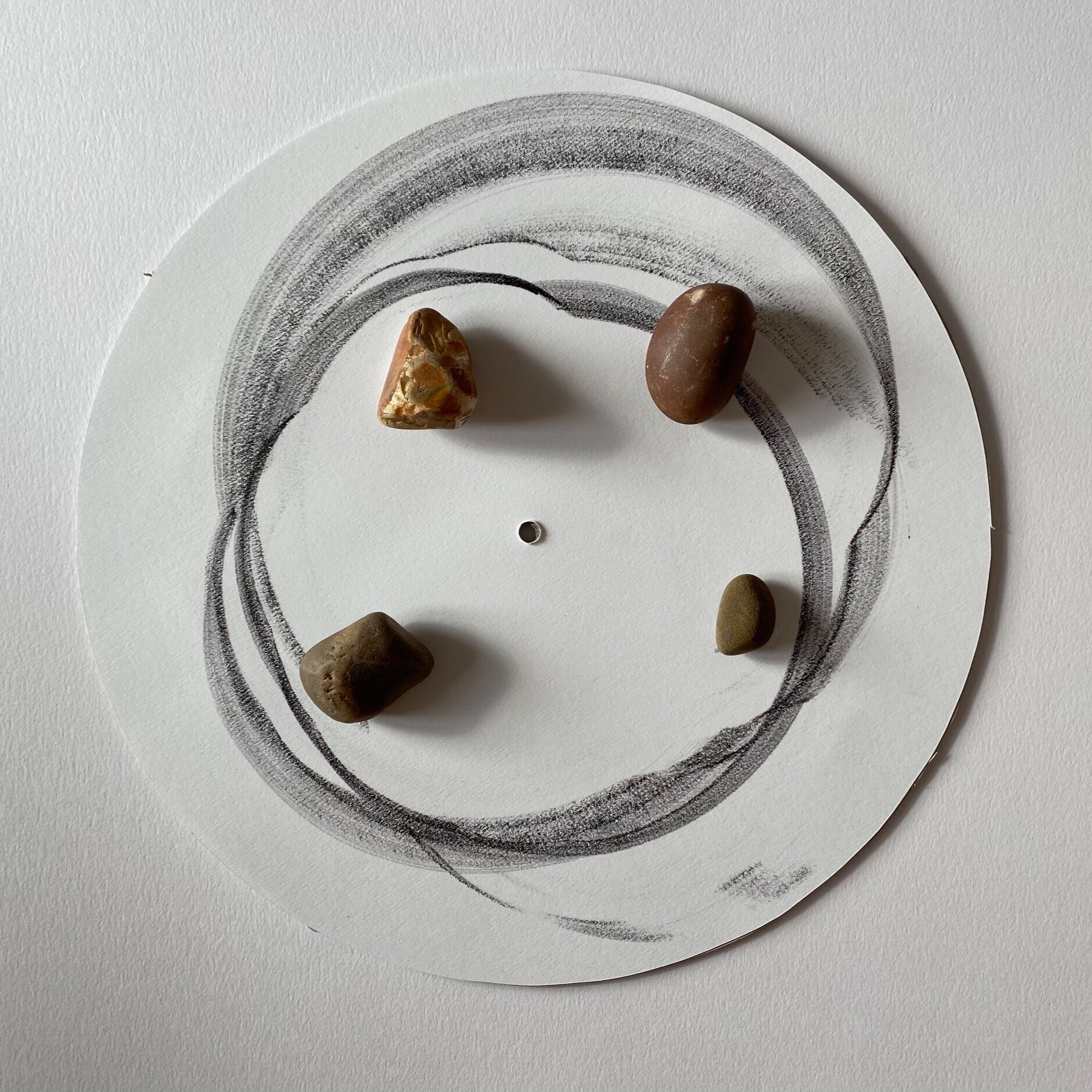 Installation View, Turntable Drawing: Untitled #4, Ink and pebbles on paper, 31cm x 31cm