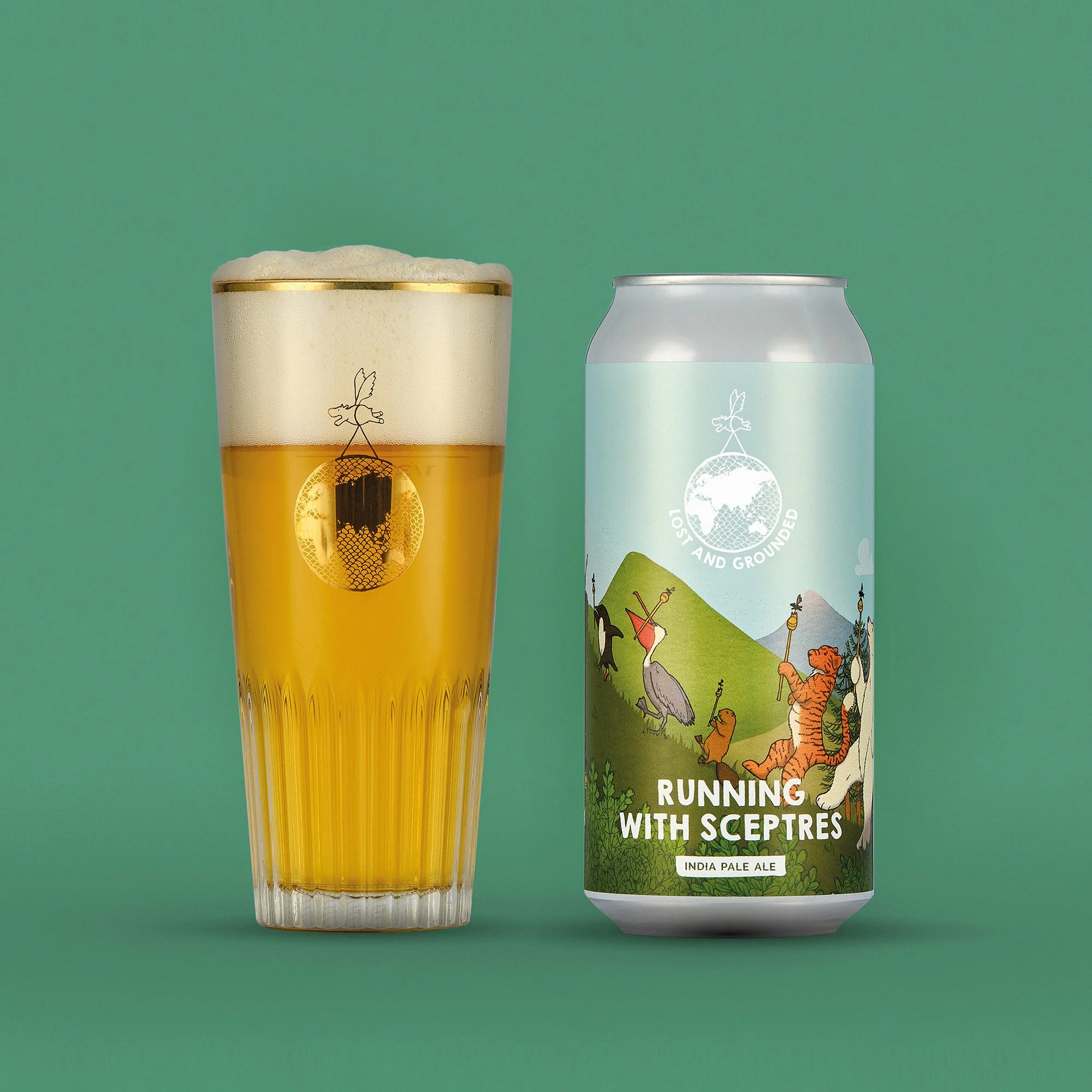 A can of Lost and Grounded Running with Sceptres (India Pale Ale, 5.2%), next to a filled glass, on a green background.