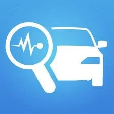 Car with a magnifying glass showing a heartbeat or signal icon.