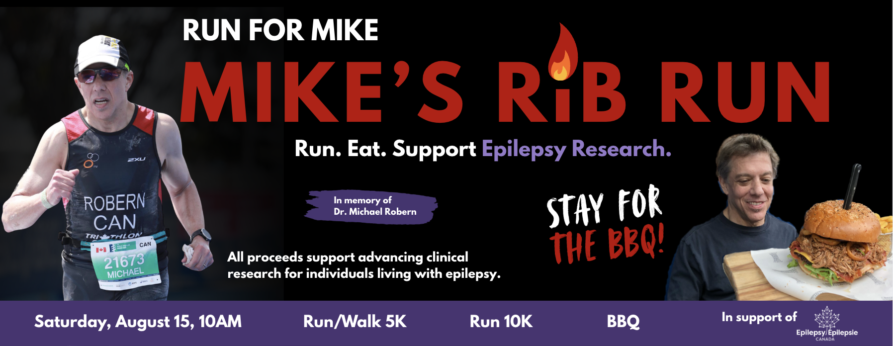 Dr. Michael Robern running and eating BBQ. 5K and 10K run/walk all proceeds support Epilepsy Canada