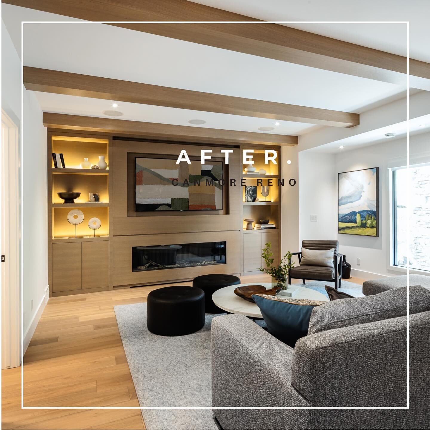 Rec Room goals with an extra wide linear fireplace, gorgeous custom millwork + moody gallery lighting in this renovated walk-out basement space. Swipe ➡️ for the &lsquo;Before&rsquo; photo!

&phi;

GC | @styledevelopmentsab 
Millwork | @imagine_custo