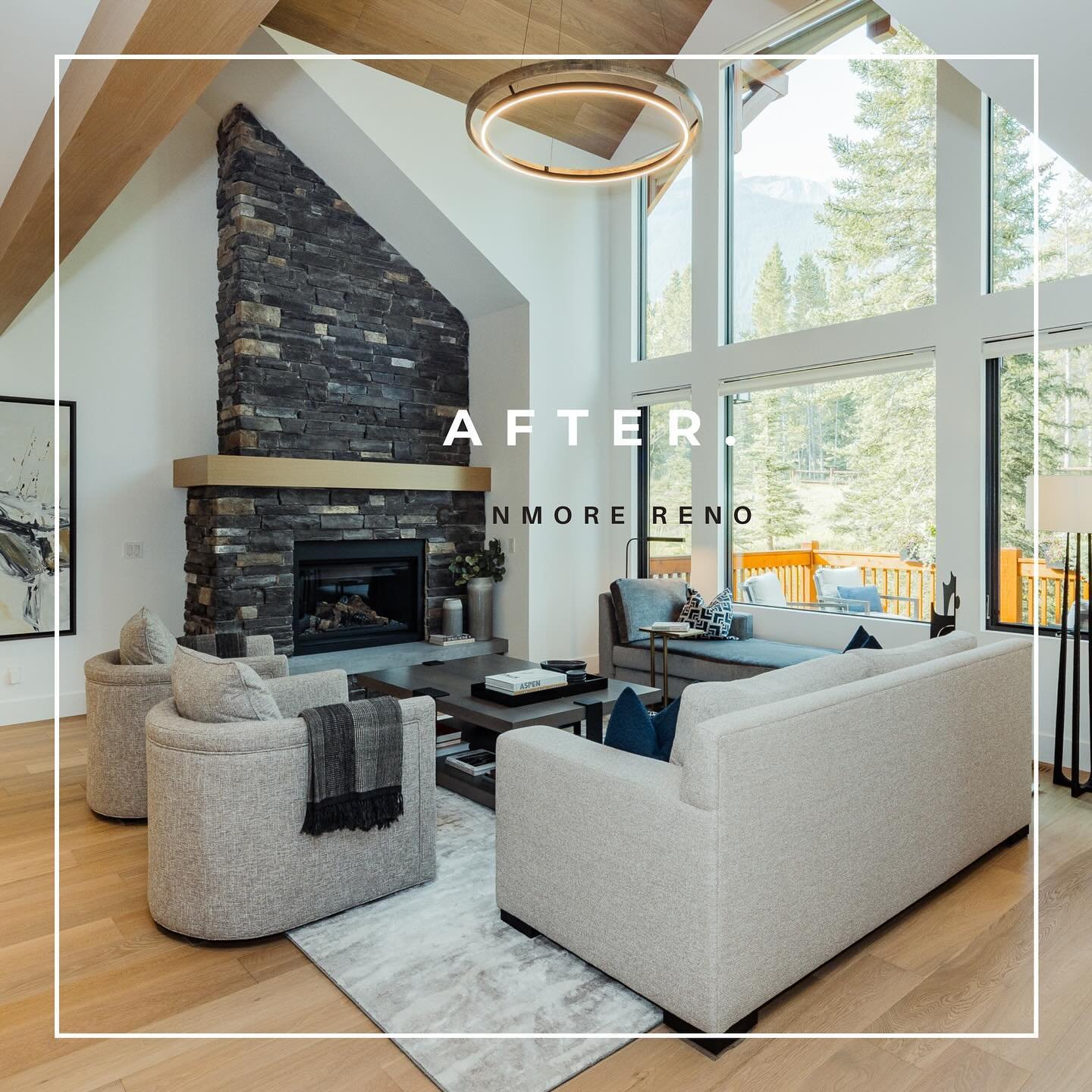 Our client loved the local Rundlestone fireplace but wanted a cool-toned, more contemporary aesthetic for the great room along with concealed window coverings. The wall was strapped-out to accommodate the retractable shades, paired with minimalist dr