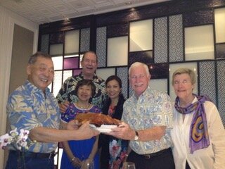 Tan Chee Chye hosting a Birthday Dinner for Hal Henderson at the American Club in Singapore circa 2016 with Millie Tan, Mike, Aida, and Gloria.
