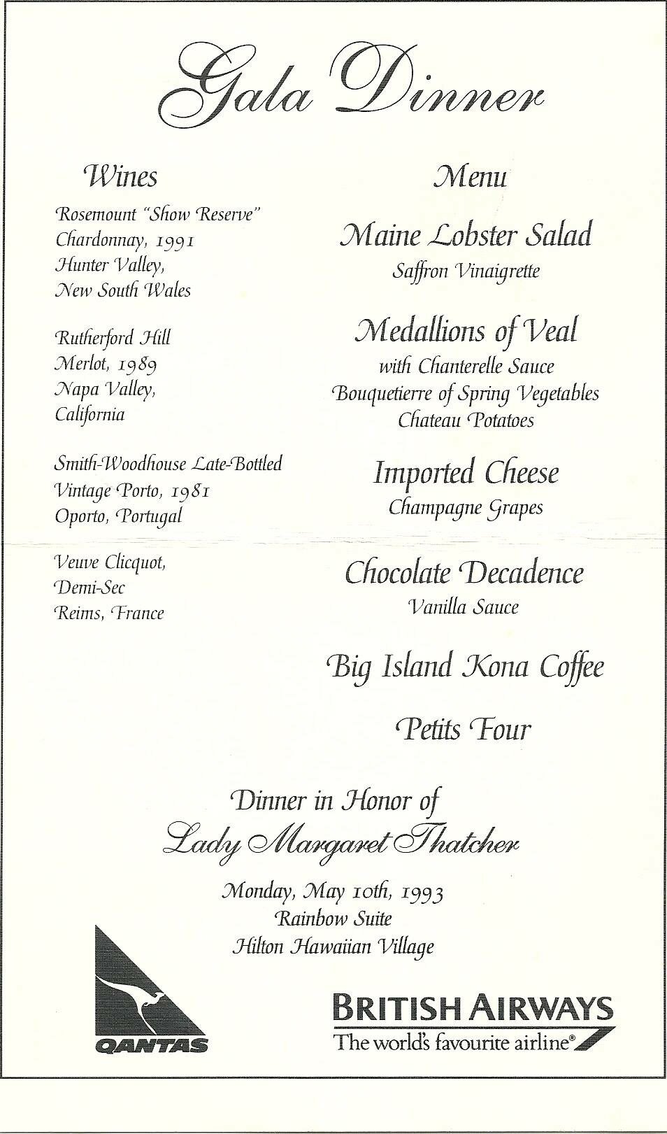 1993: Gala Dinner Menu in honor of Lady Margaret Thatcher