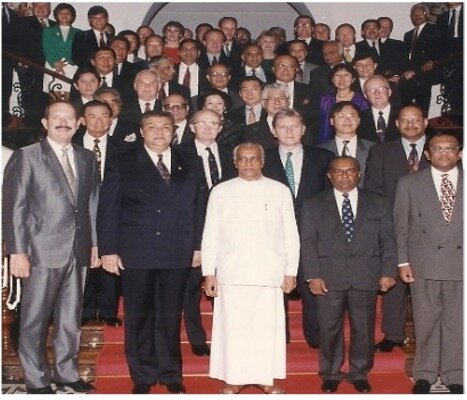 The President of Sri Lanka D. B. Wijetunge received the PATA Board of Directors at the Presidential mansion in Colombo, following a Board meeting. Front row L/R: Michael Paulin, Joop Ave, President Wijetunge, Dharmasiri Senanayake (Sri Lanka’s Minis