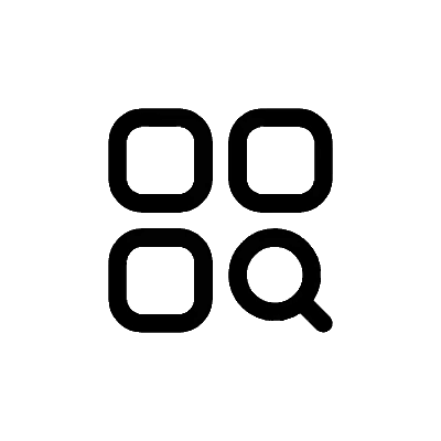 Four black rounded squares arranged in a 2x2 grid, with a magnifying glass icon pointing at the bottom right square.