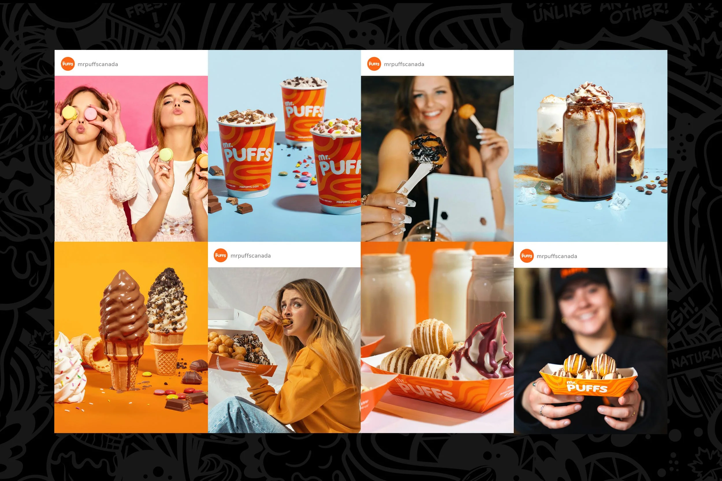 Mr. Puffs lifestyle and social content grid showing customers enjoying puffs and drinks