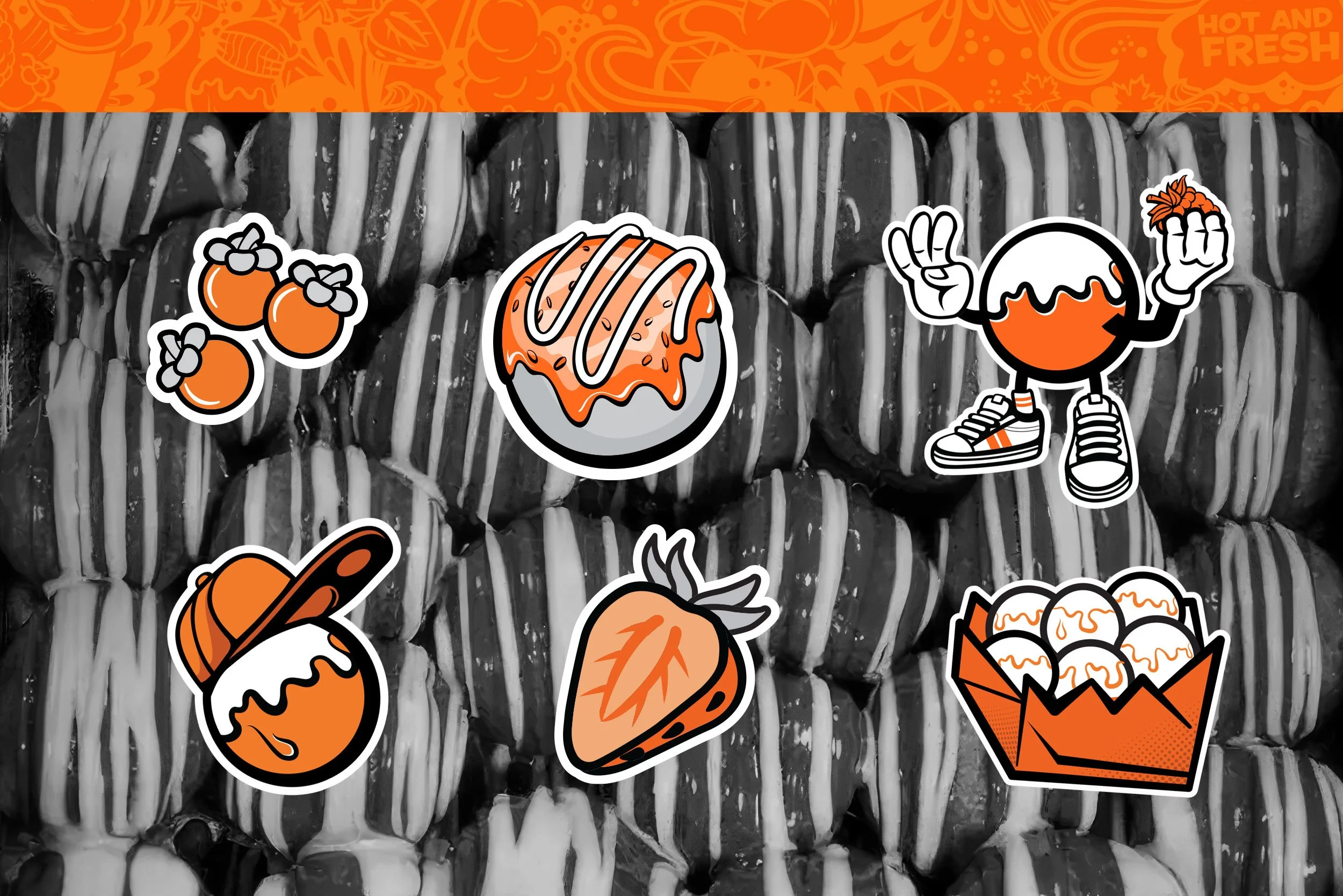 Mr. Puffs illustrated character and icon set including puff mascot, cup and takeaway box
