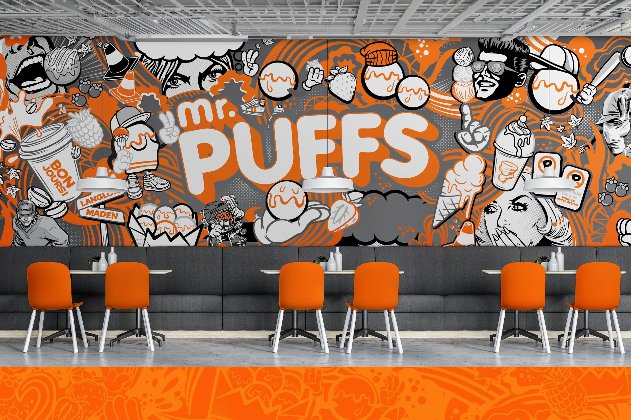 Full Mr. Puffs mural installed above the in-store seating area with orange stools