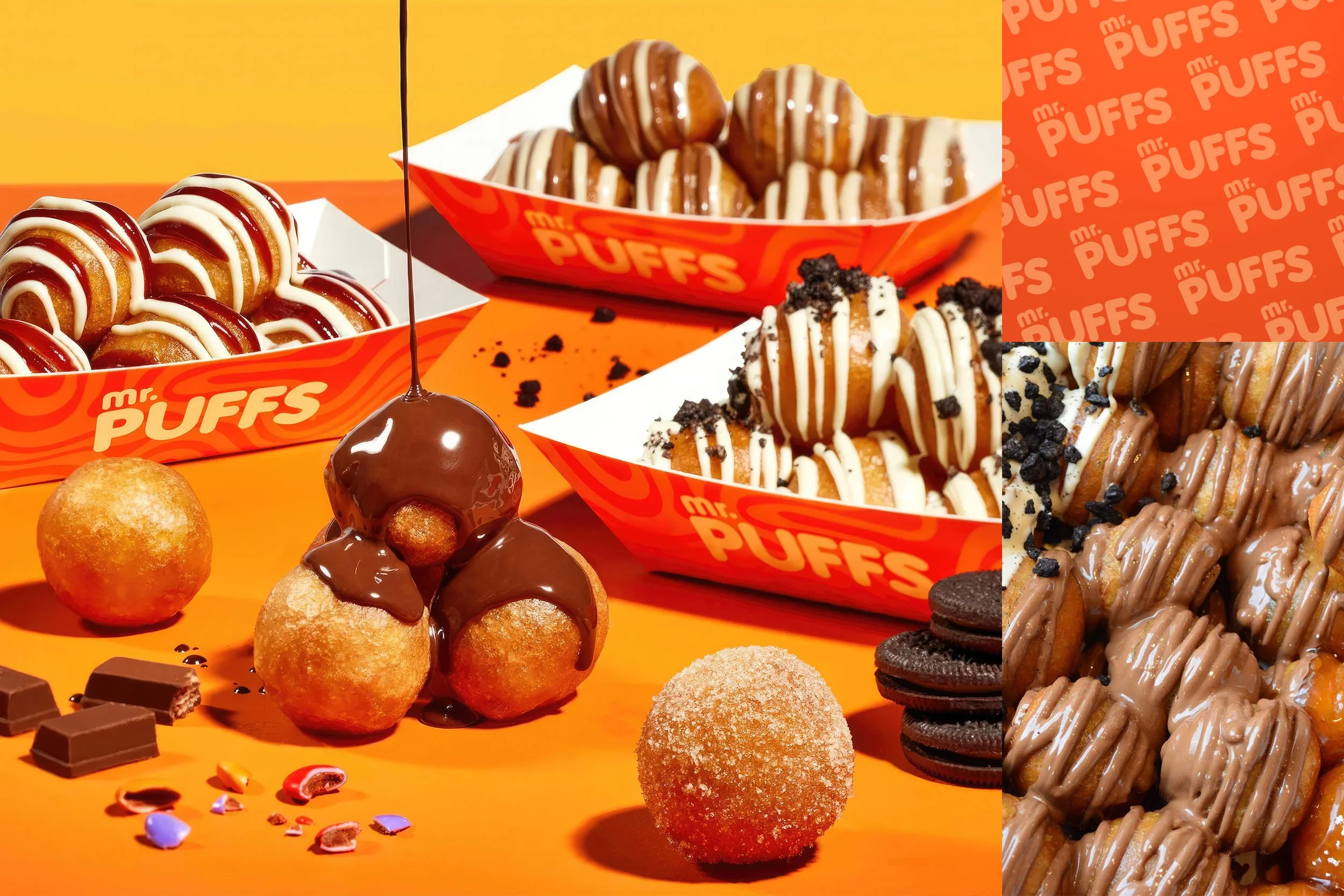 Mr. Puffs product shot with chocolate-dipped puffs, branded boxes and topping varieties