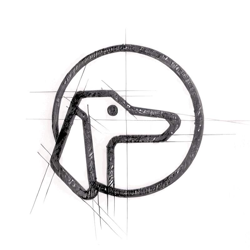 A metal logo of a stylized dog inside a circle, with construction lines showing its design layout.