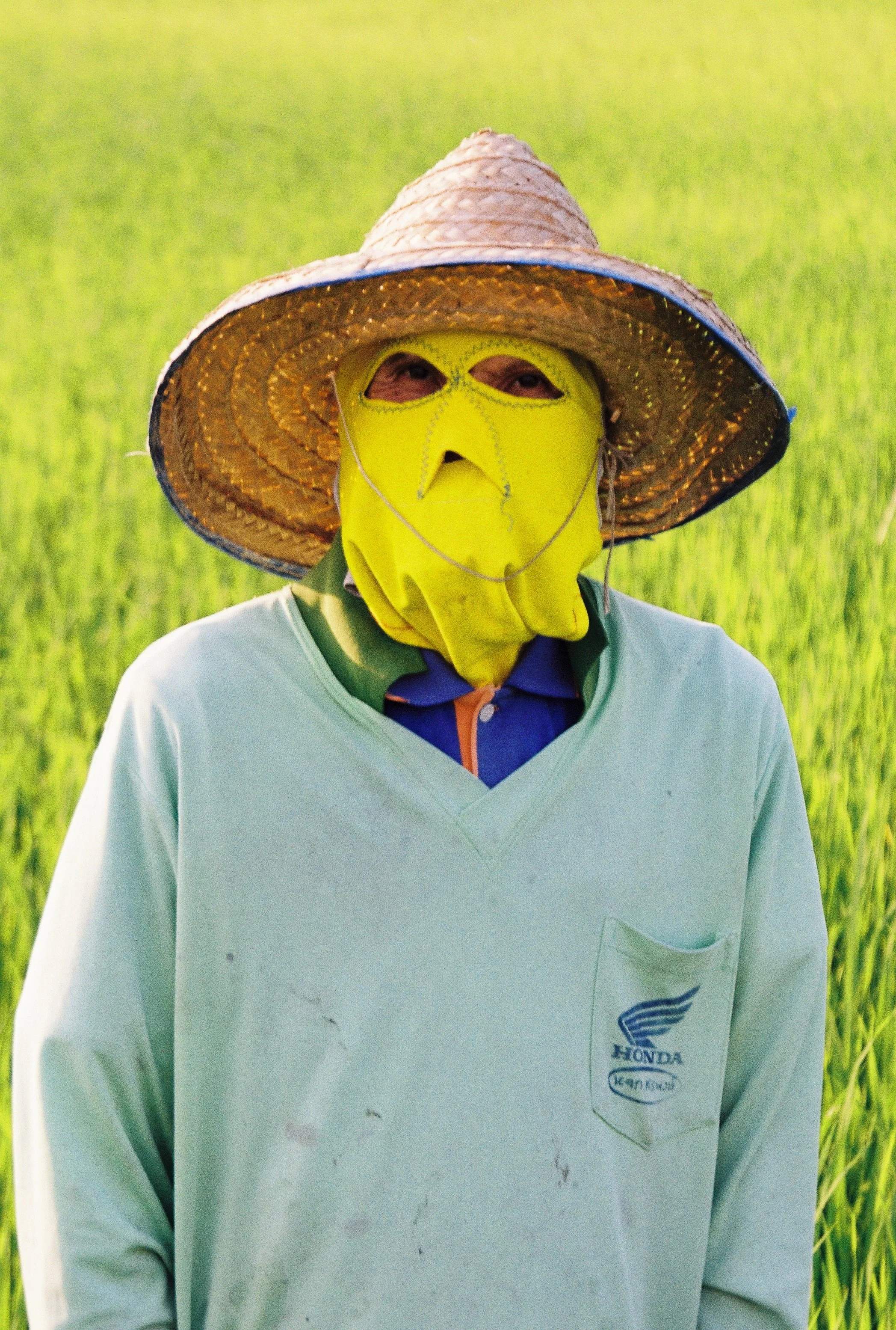 A Thai farmer wearing a large straw hat, yellow mask covering their face with holes for eyes, and a light green jacket with Honda logo standing outdoors in a green field.