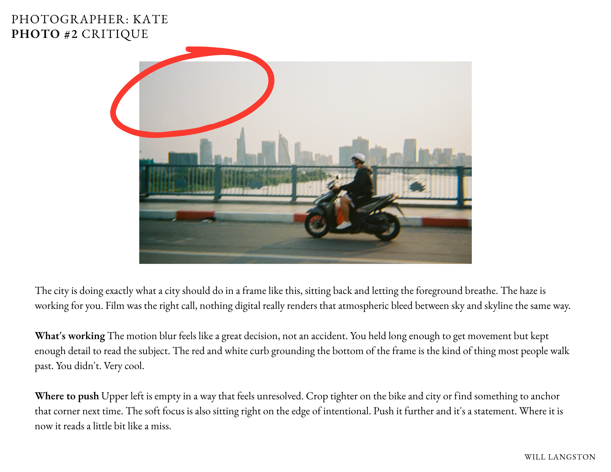 Documentary film photography feedback example — Will Langston