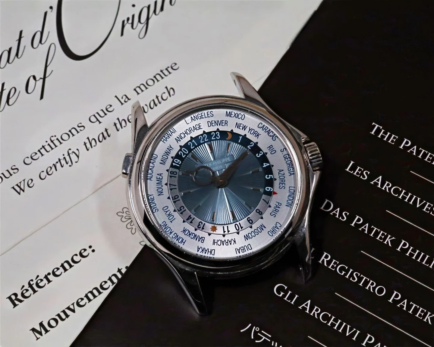 A modern interpretation of Louis Cottier&rsquo;s World-Time Complication, the Patek Philippe 5130P was introduced in 2007 featuring a platinum case and a light blue guilloche centre with polished Observatoire style hands.⁠
⁠
Now sold.