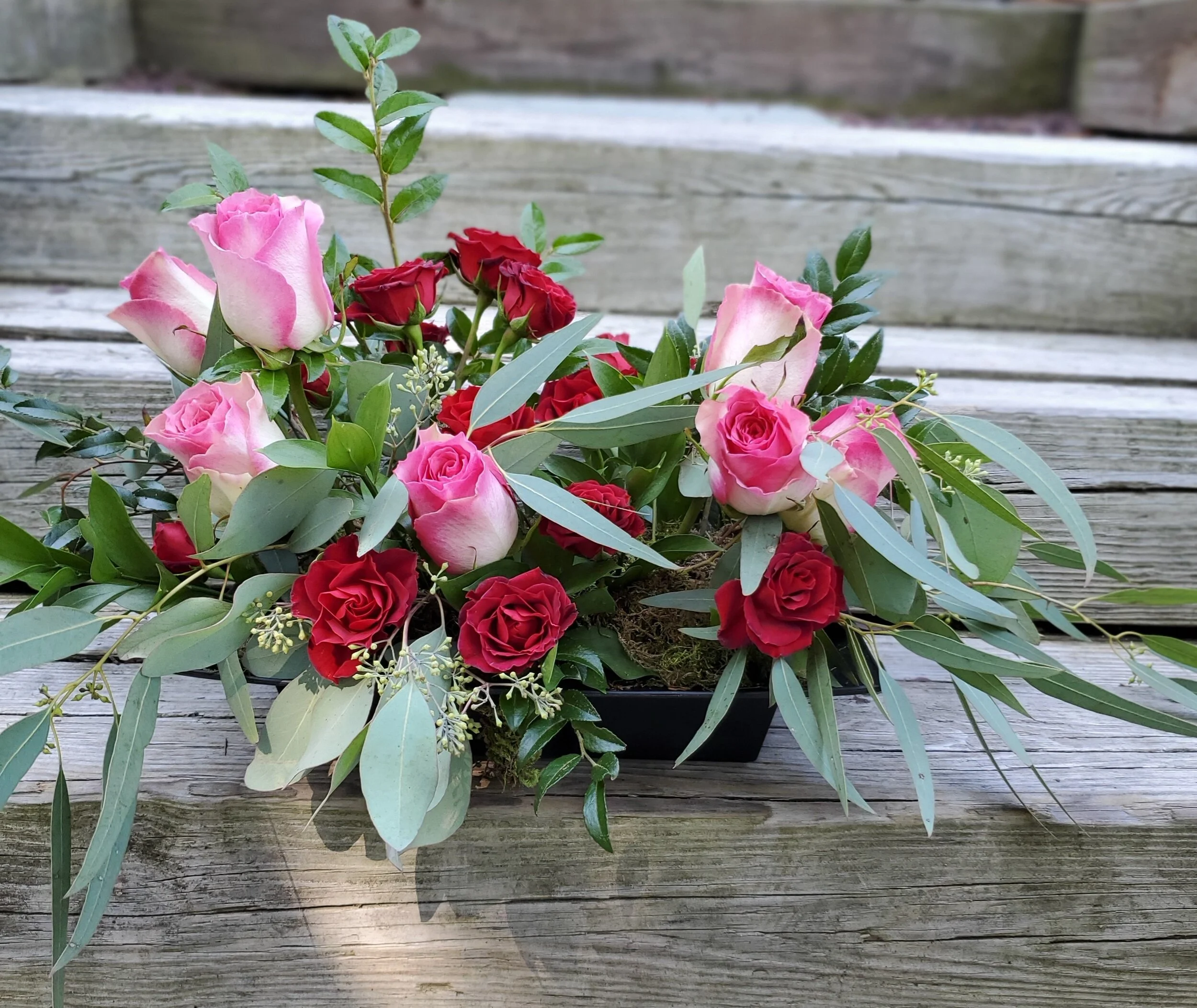 Red and Pink Roses Sympathy Arrangement - $90 to $125
