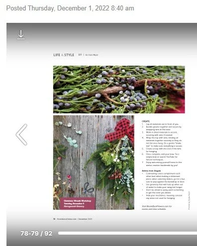 Magazine page with images of sprigs of lavender and a Christmas wreath with red bow