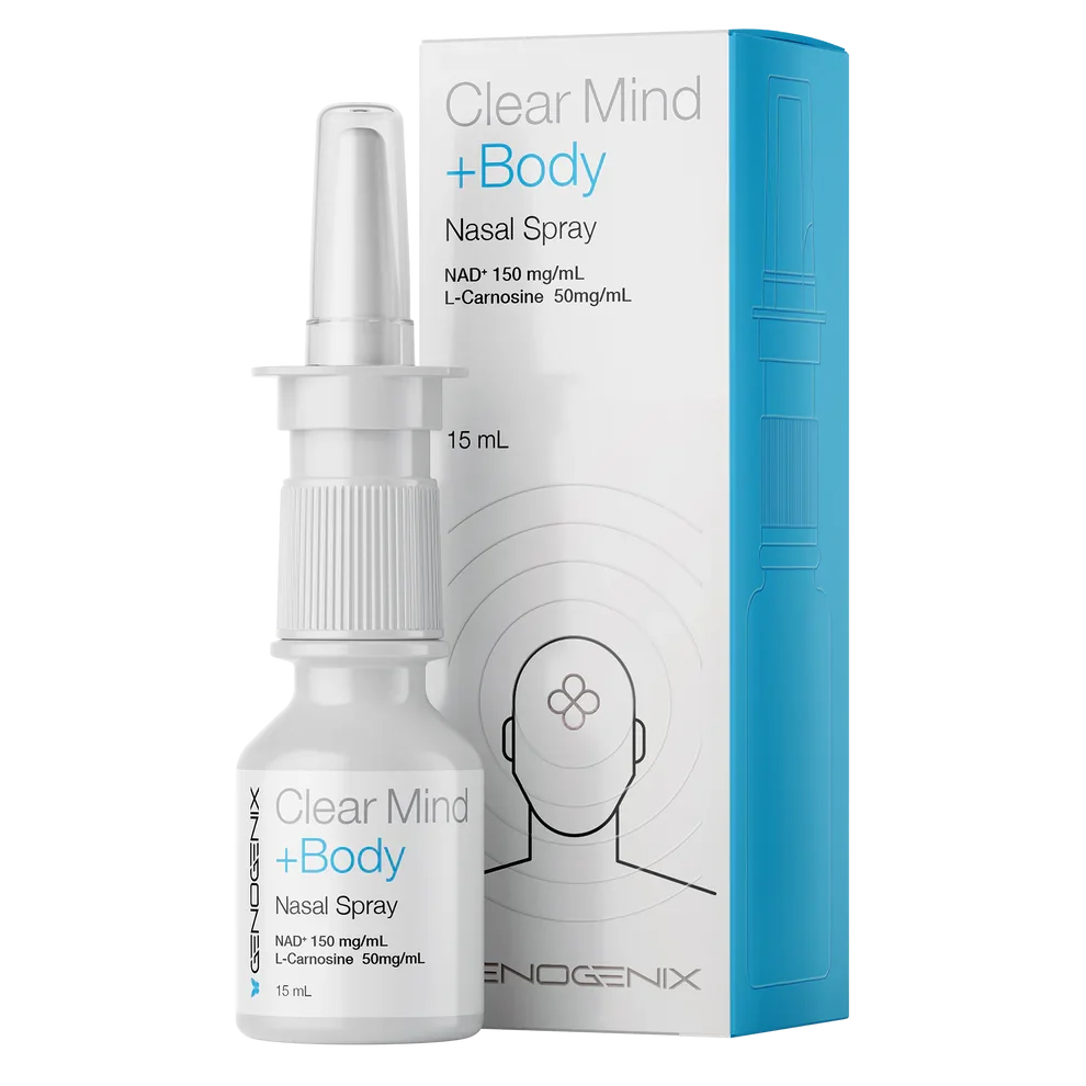 A nasal spray called Clear Mind +Body, in a white and blue box and a small white spray bottle with a clear cap, containing 15 mL of nasal spray with active ingredients NAD+ and L-Carnosine.