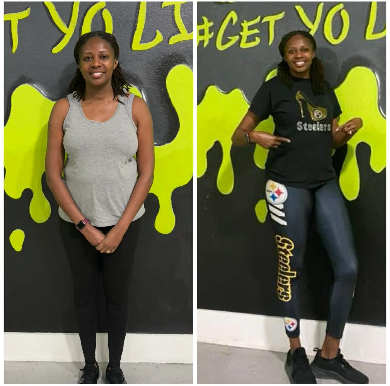 Side-by-side comparison of a woman before and after weight loss. In the left image, she is taking a mirror selfie in a room with yellow walls, wearing a white sports bra and black leggings. Her hair is tied back, and she appears slightly heavier. In the right image, she is smiling, standing in front of a black and green wall, wearing the same white sports bra and black leggings, showing a slimmer physique.