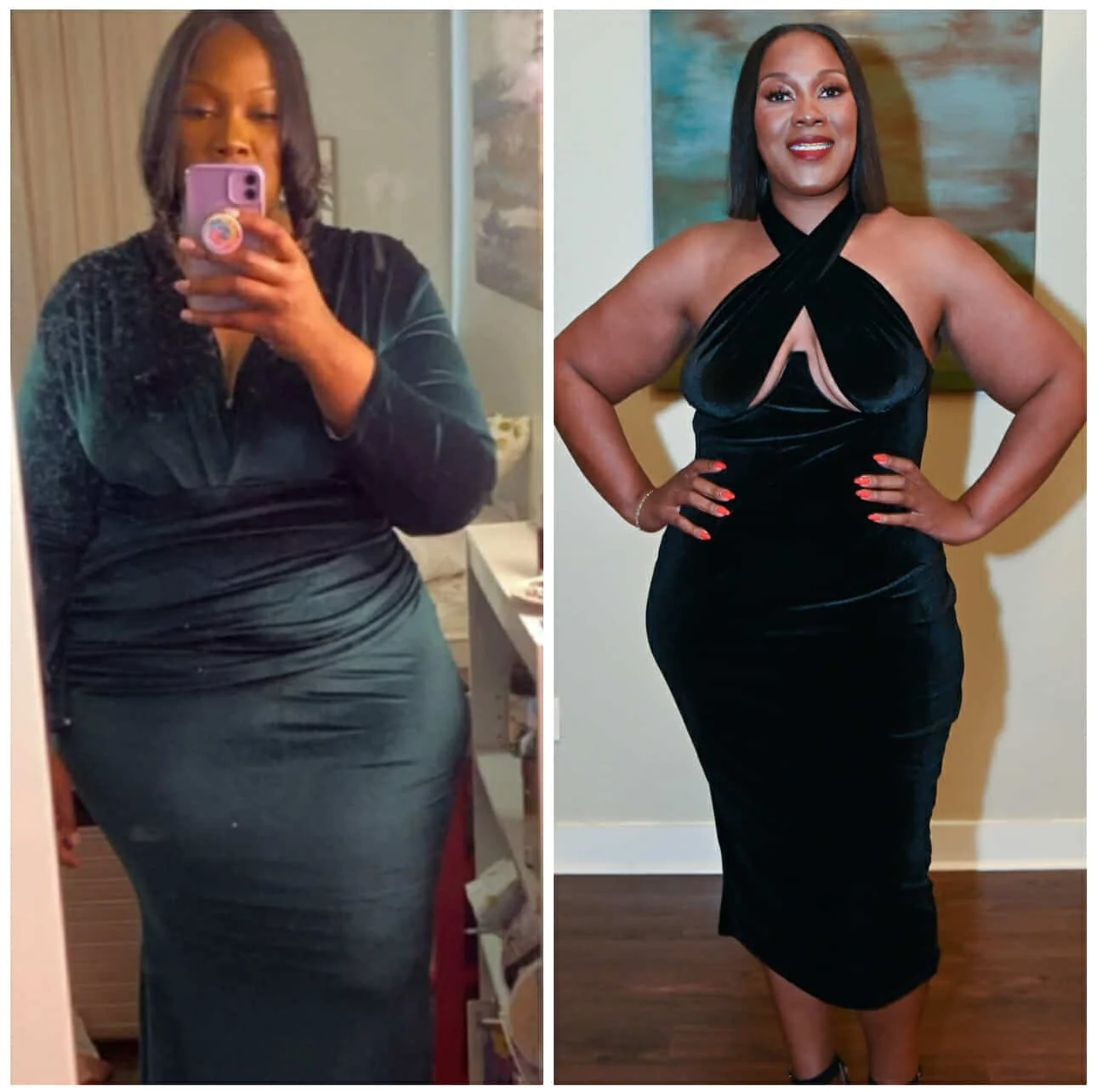 Side-by-side comparison of a woman before and after weight loss, with text indicating a loss of 46.3 pounds in four months.