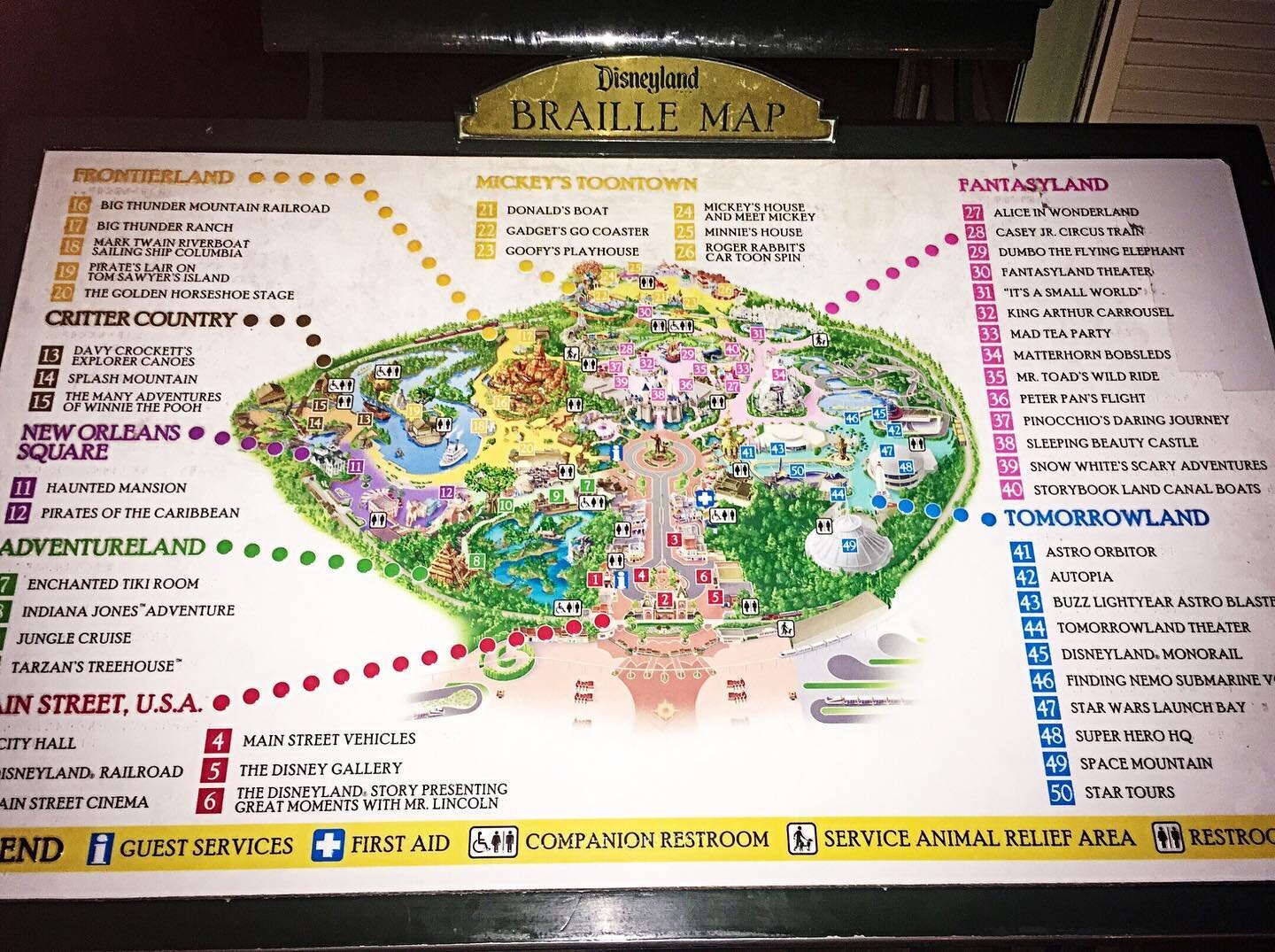 Did you know Disneyland has a Braille map?
⁣
If you look really closely, you can see the raised bumps under the black text on the map!
⁣
Braille uses combinations of six dots arranged in two columns and three rows to represent letters and numbers as 