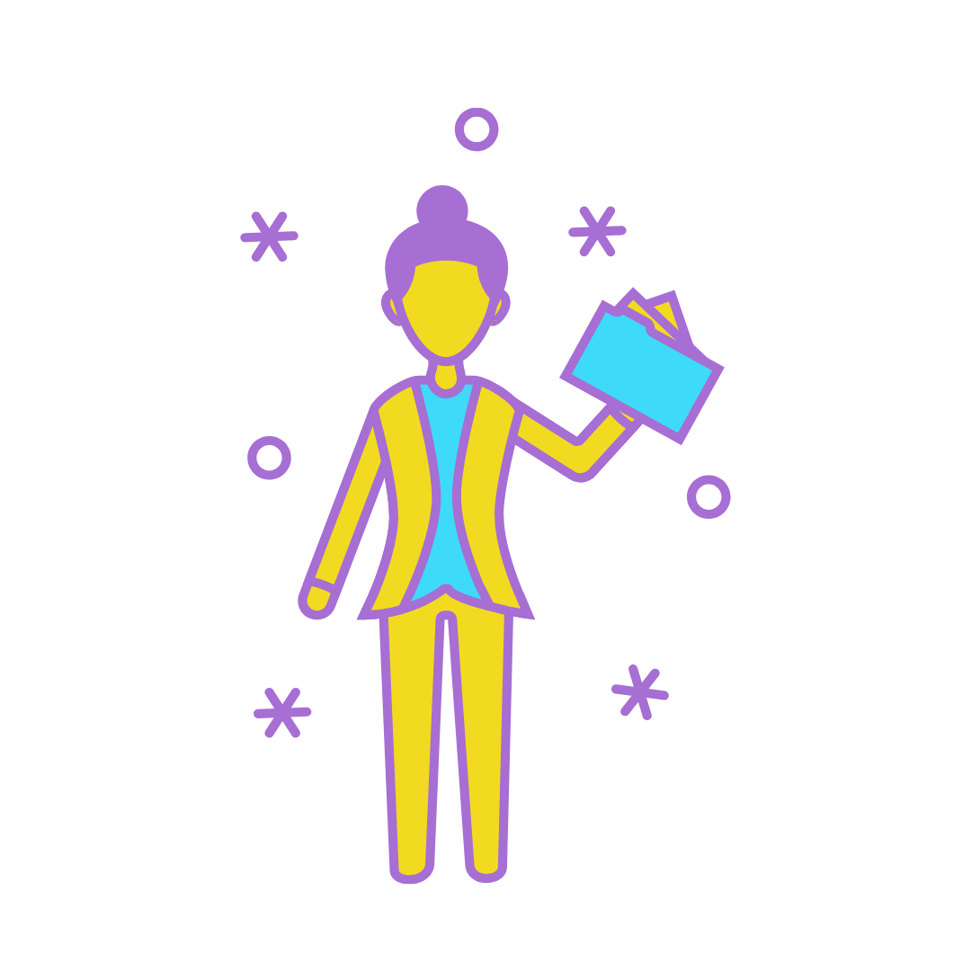 Illustration of a teacher-like woman with a bun hairstyle in business attire holding a folder full of papers, surrounded by purple sparkles