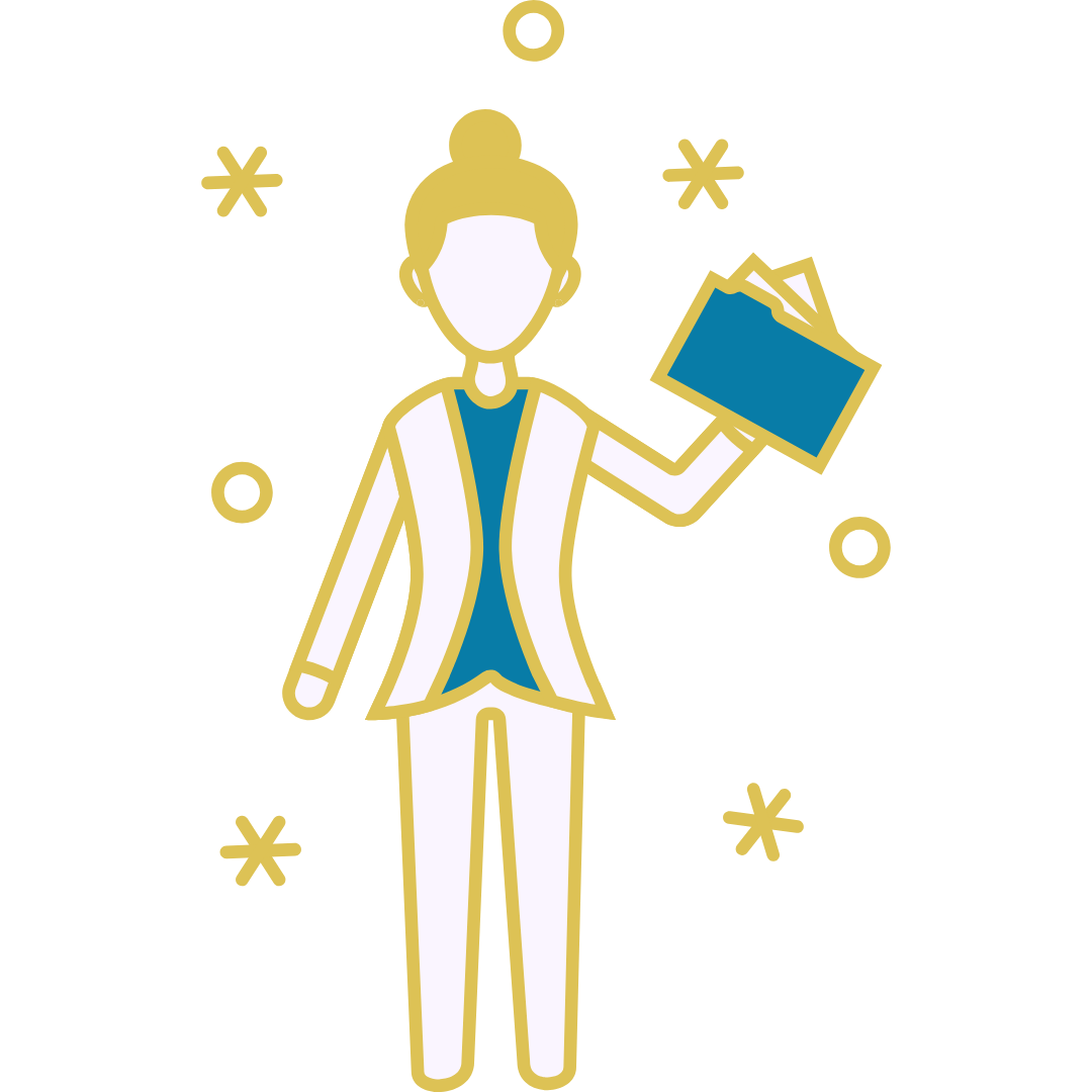 Illustration of person with hair in bun holding up a folder