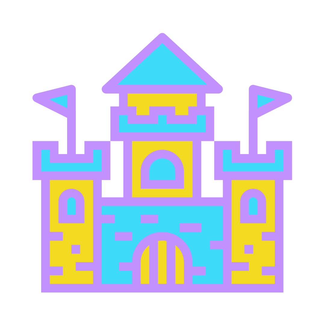 Gold and light purple castle with blue windows
