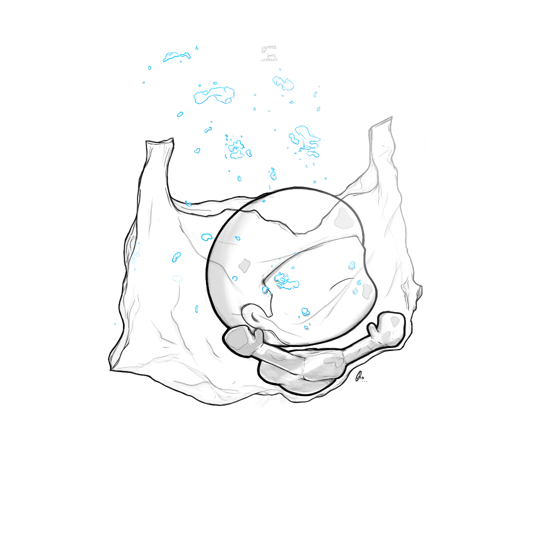 A line drawing of a baby sleeping in a fuzzy blanket, with water and bubbles around them, emphasizing a peaceful, underwater or dreamy scene.