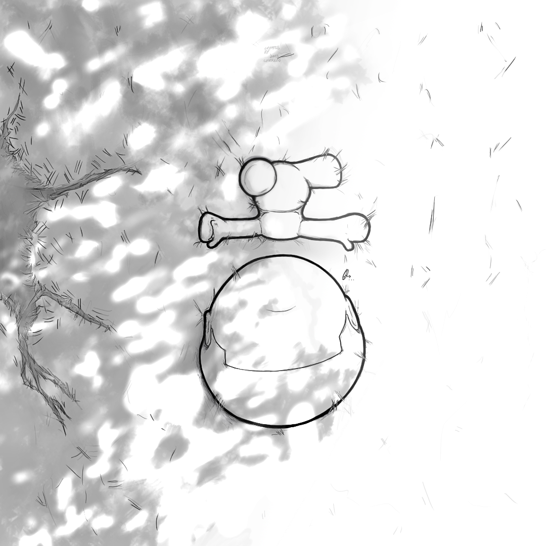 A sketch of a person doing a handstand on a round object in a park with trees and clouds in the background.