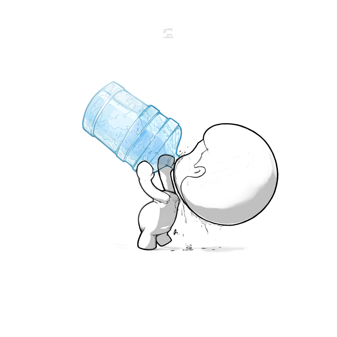 Cartoon baby drinking water from a tilted plastic cup