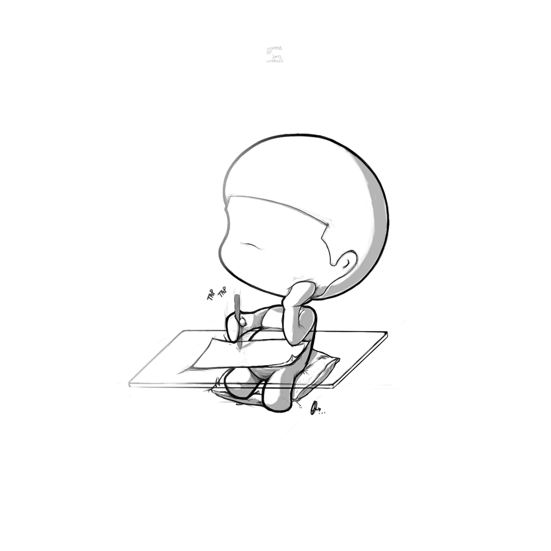 A child sitting on a cushion, writing or drawing on a piece of paper with a pencil, with minimal background.