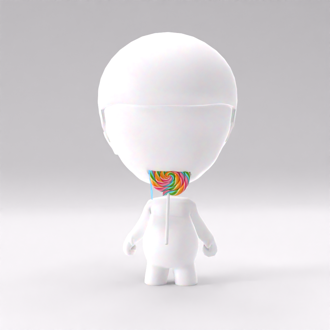 A cartoonish figure with a large round head, white body, and small limbs holds a colorful swirled lollipop in front of its face, against a plain light gray background.