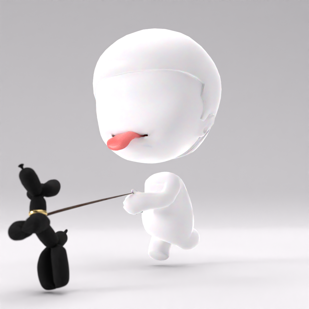 A white cartoon-style ghost with a large round head sticking out its tongue, holding a black balloon animal shaped like a dog.