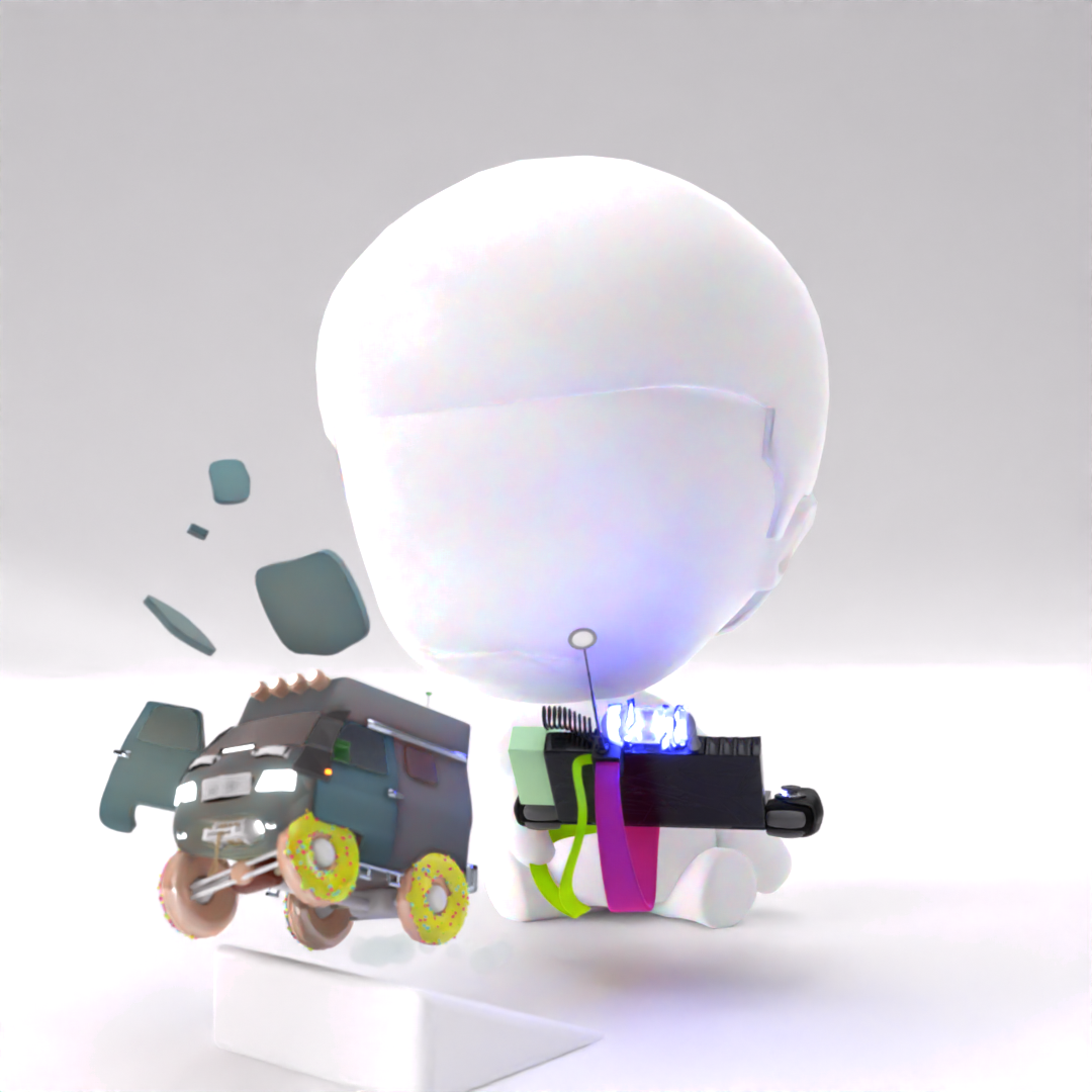 A digital illustration of a small figure with a large, rounded head sitting on a flat surface. The figure has no visible facial features and is kneeling next to a toy truck with donuts on its wheels. There is a large balloon or orb hovering above the