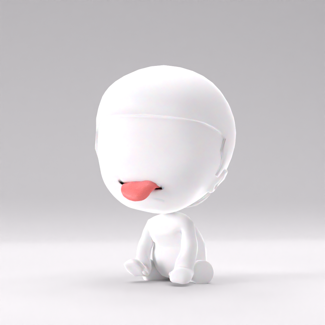 A minimalistic white baby figurine with an oversized head, sitting on its knees, sticking out its tongue, against a plain gray background.