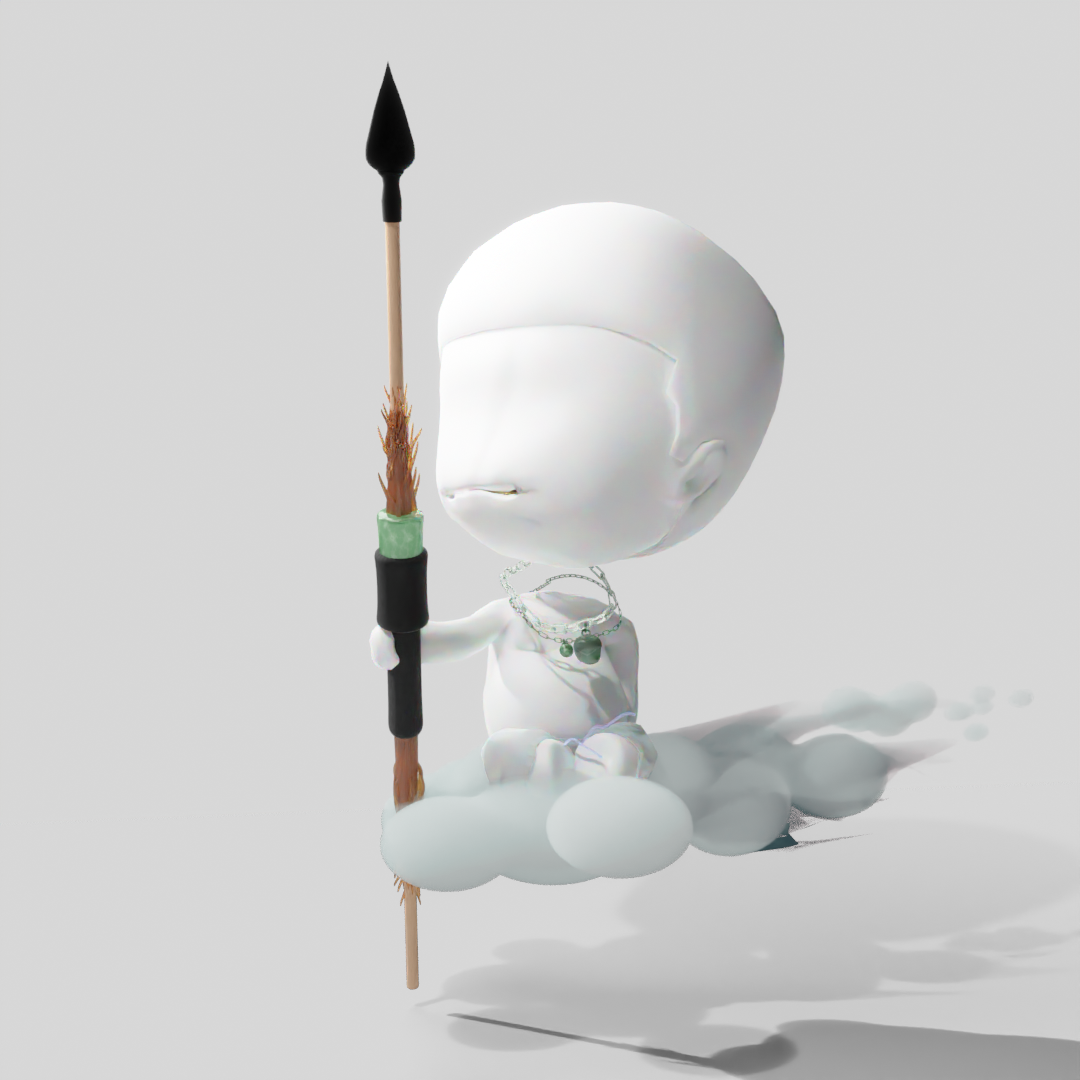 A white, stylized humanoid figure with a large head, closed eyes, and a lipless mouth, sitting on a cloud with a small shadow underneath. The figure wears a necklace and holds a spear with a black tip, a green section, and a wooden shaft. The backgro