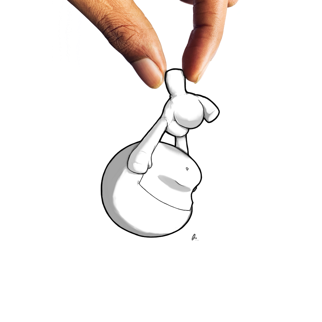 A hand is holding a drawing of a small, humanoid figure with exaggerated features, upside down. The drawing is in black and white and appears to be a digital illustration.