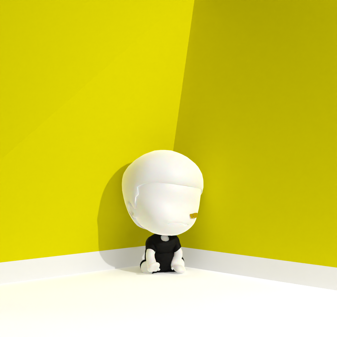 A cartoon figurine with a large white head and small black body, sitting against the corner of a yellow wall and white floor. The head has a few subtle lines and a tiny brown detail, possibly glasses.