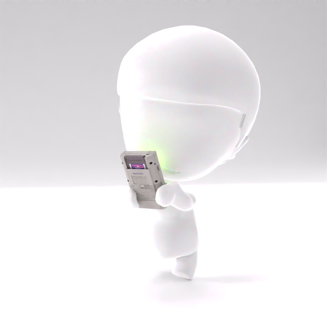 A stylized, white, cartoon-like character with a large head and small body holding a vintage handheld gaming device, against a plain background.
