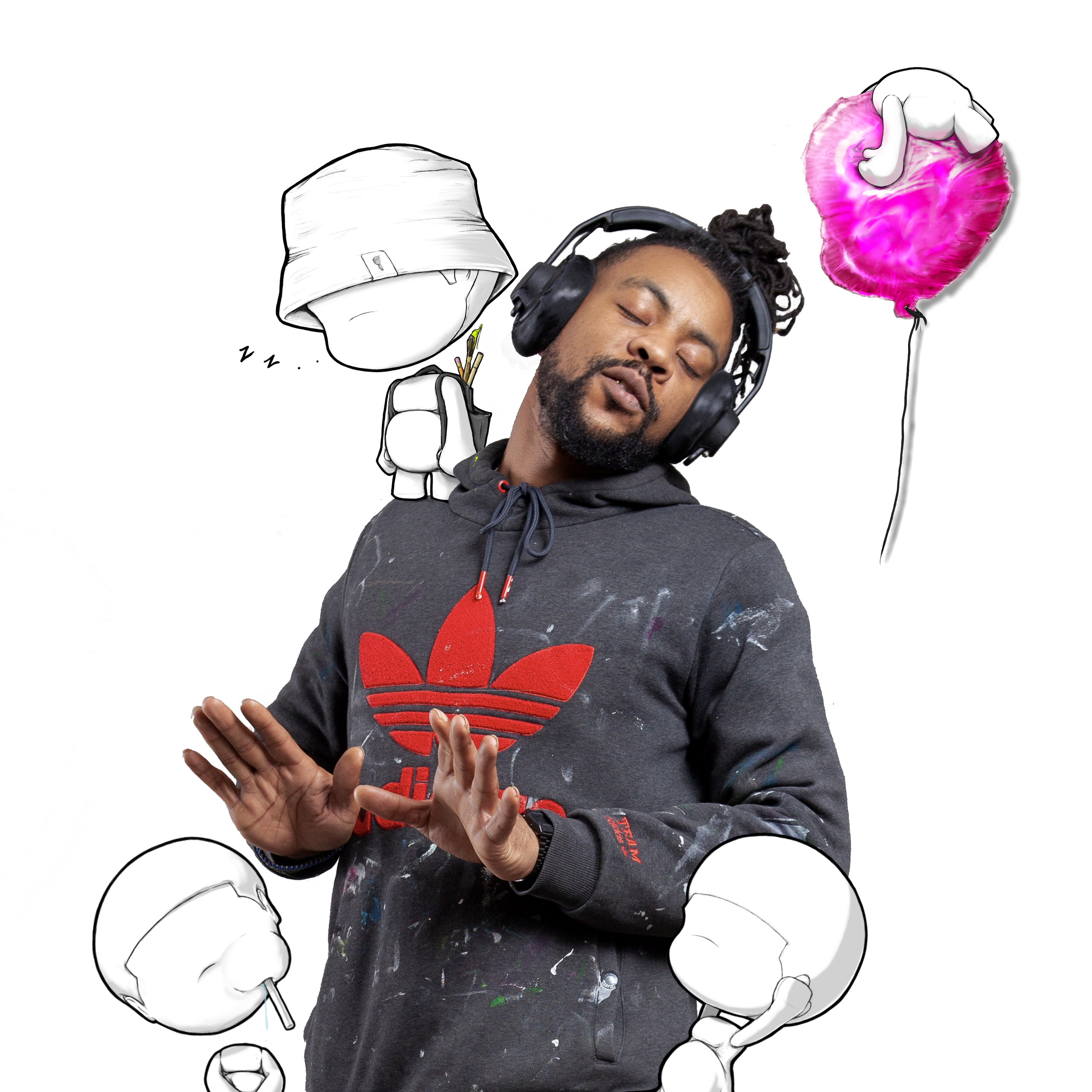 A man with headphones and a hoodie singing or dancing with eyes closed, surrounded by cartoon illustrations of hats and a pink balloon.